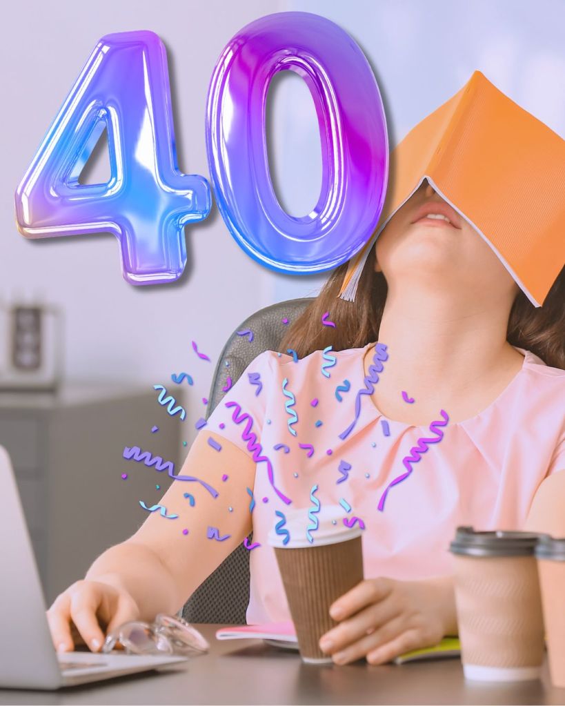 40th Birthday celebration image of woman with book on her head, a coffee cup with confetti, and a large number 40.