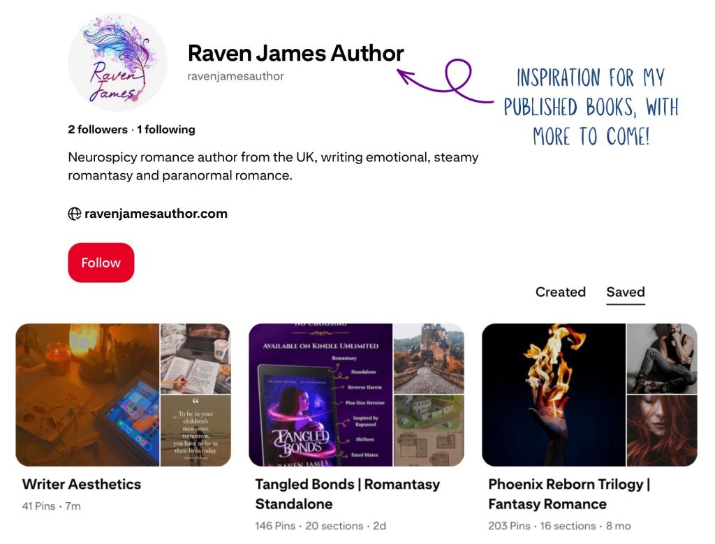 Image of Raven James Author Pinterest home page tagged with "Inspiration for my published books, with more to come!"